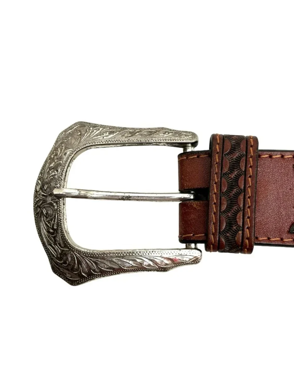 DDD 3-D Western Style Genuine Handtooled Leather Belt With Engraved Silver Buckl